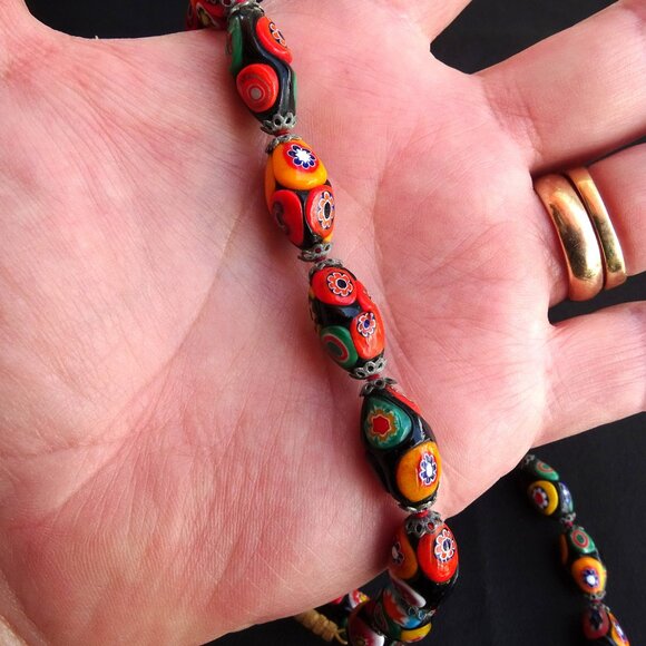 Vintage Venetian Glass Murano Colorful Millefiori Bead Hand Knotted Necklace - Picture 9 of 9